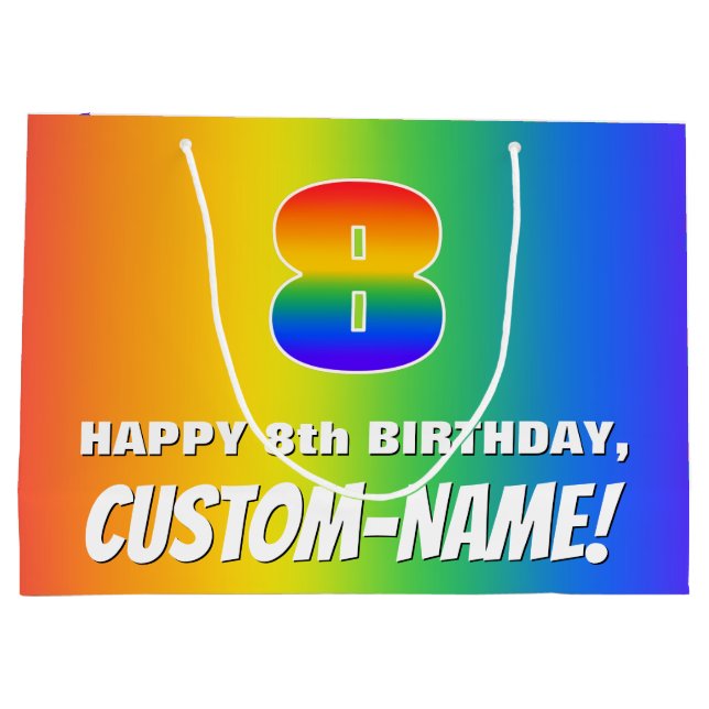 8th Birthday: Colourful, Fun Rainbow Pattern # 8 Large Gift Bag (Back)