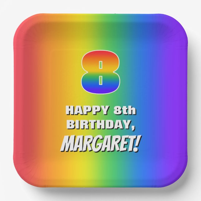8th Birthday: Colourful, Fun Rainbow Pattern # 8 Paper Plate (Front)