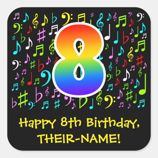 8th Birthday: Colourful Music Symbols, Rainbow 8 Square Sticker (Front)