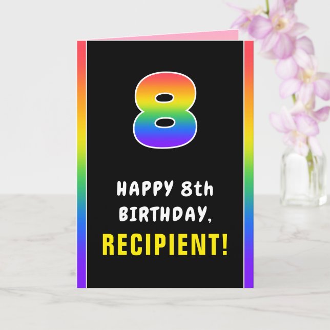 8th Birthday: Colourful Rainbow # 8, Custom Name Card (Orchid)