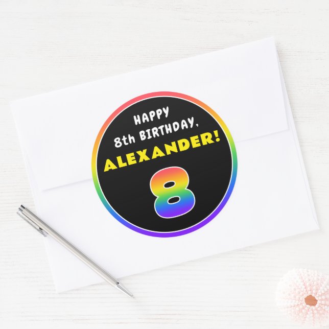 8th Birthday: Colourful Rainbow # 8, Custom Name Classic Round Sticker (Envelope)