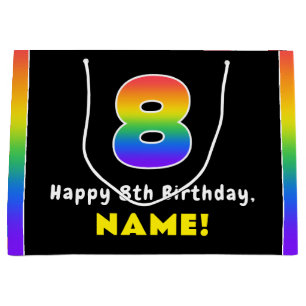 8th Birthday: Colourful Rainbow # 8, Custom Name Large Gift Bag