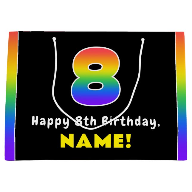 8th Birthday: Colourful Rainbow # 8, Custom Name Large Gift Bag (Front)