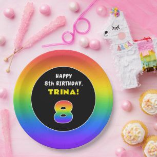 8th Birthday: Colourful Rainbow # 8, Custom Name Paper Plate