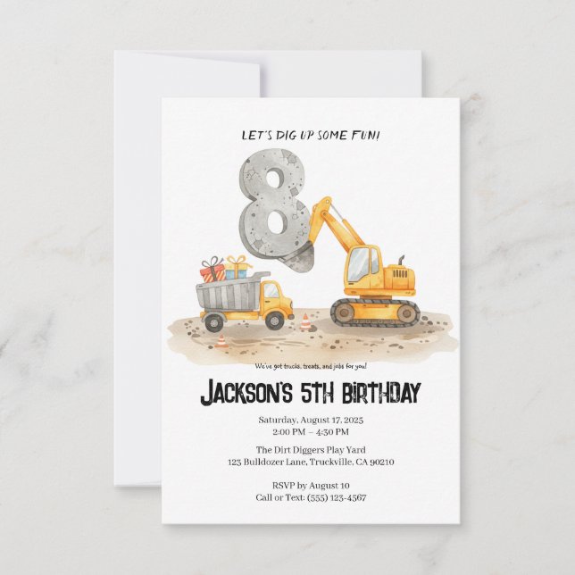 8th Birthday Construction Boy Birthday Invitation (Front)