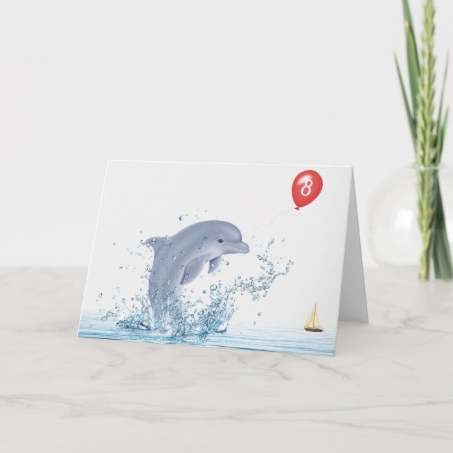 8th Birthday Dolphin With Red Balloon Card (Front)