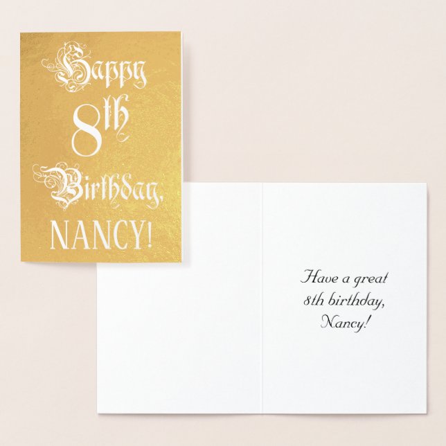 8th Birthday: Elegant, Ornate Script; Custom Name Foil Card (Display)
