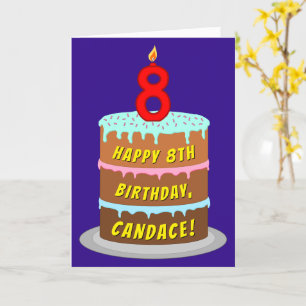 8th Birthday: Fun Cake and Candle + Custom Name Card