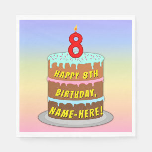 8th Birthday: Fun Cake and Candle + Custom Name Napkin