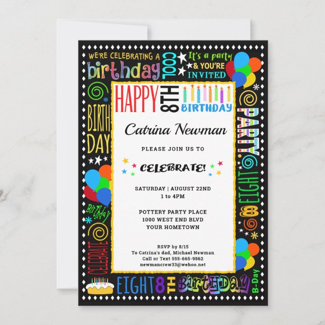 8th Birthday Fun Colour Crazy Text on Black Party Invitation (Front)