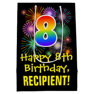 8th Birthday: Fun Fireworks Pattern + Rainbow 8 Medium Gift Bag