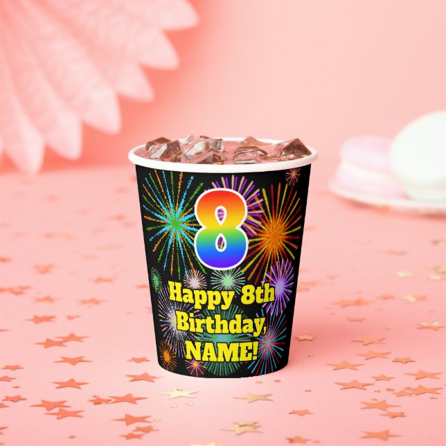 8th Birthday: Fun Fireworks Pattern + Rainbow 8 Paper Cups (Insitu)