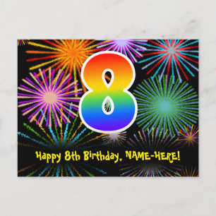 8th Birthday – Fun Fireworks Pattern + Rainbow 8 Postcard