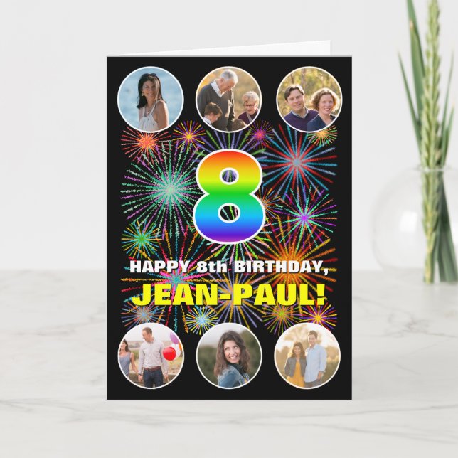 8th Birthday: Fun Rainbow #, Custom Name & Photos Card (Front)