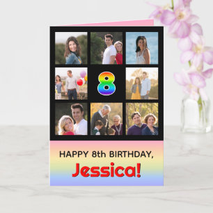 8th Birthday: Fun Rainbow #, Custom Photos + Name Card