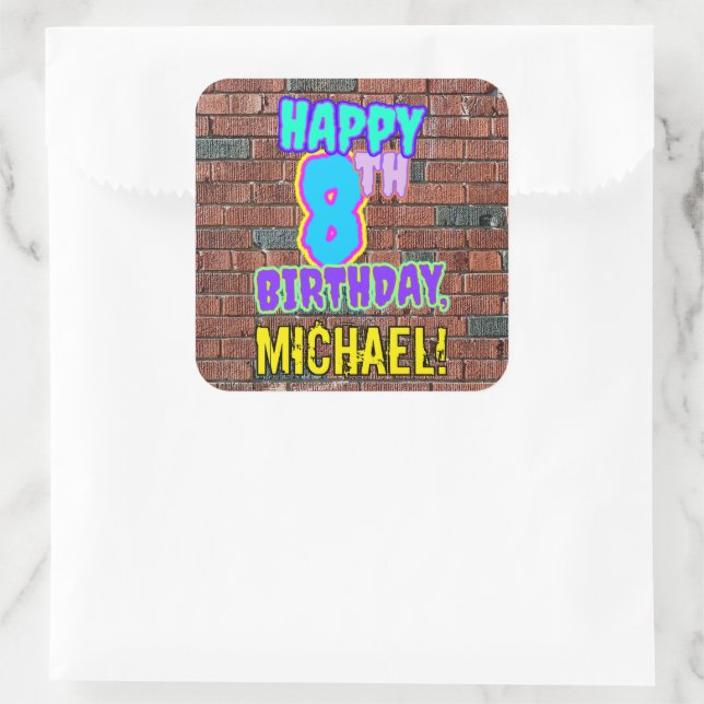 8th Birthday – Fun, Urban Graffiti Inspired Look Square Sticker (Bag)