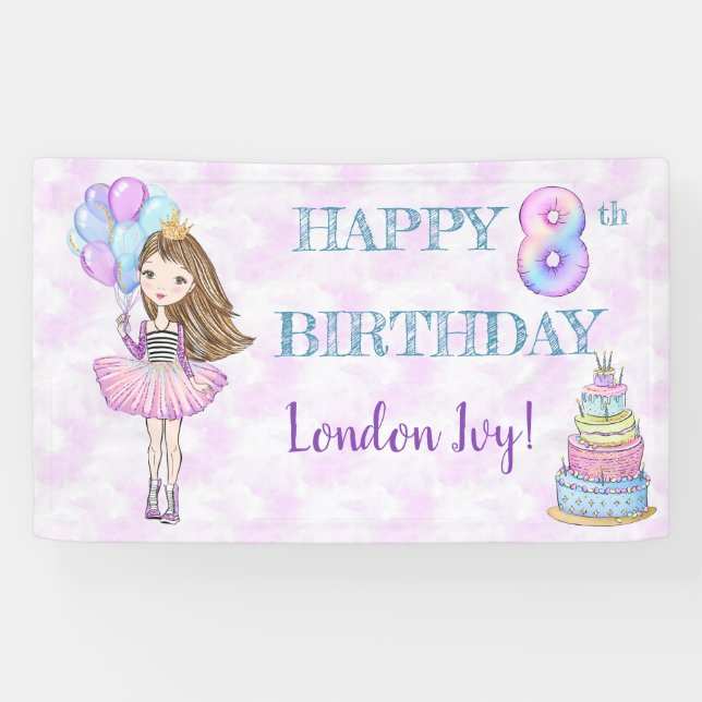 8th Birthday Girl Princess Lavender Turquoise Banner (Horizontal)