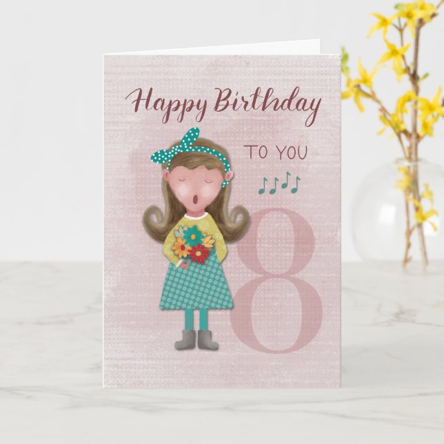 8th Birthday Girl Singing Happy Birthday Card (Yellow Flower)
