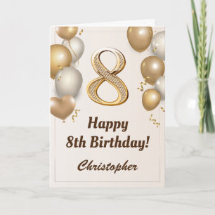 8th Birthday Gold Balloons and Confetti Birthday Card