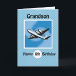 8th Birthday, Grandson, Airplane on Blue Card<br><div class="desc">Airplanes are a great theme for boys of this age. This plane is flying high as you wish your Grandson a happy 8th birthday. Blue background with white polka dots add a feeling of celebration and fun for an eighth birthday.</div>