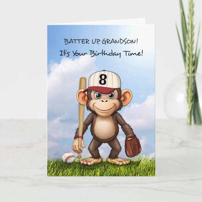 8th Birthday Grandson Baseball Monkey Bat Ball Card (Front)