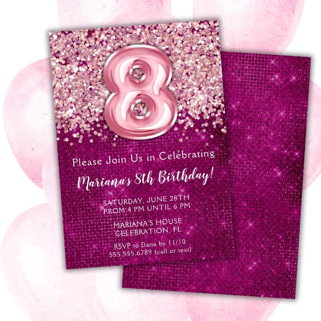 8th Birthday Invitation Girly Magenta Pink Glitter (Creator Uploaded)