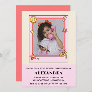 8th birthday invitation Retro Groovy Pink Floral