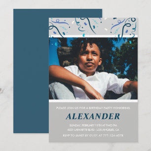 8th birthday invitations Boy Confetti Photo Navy