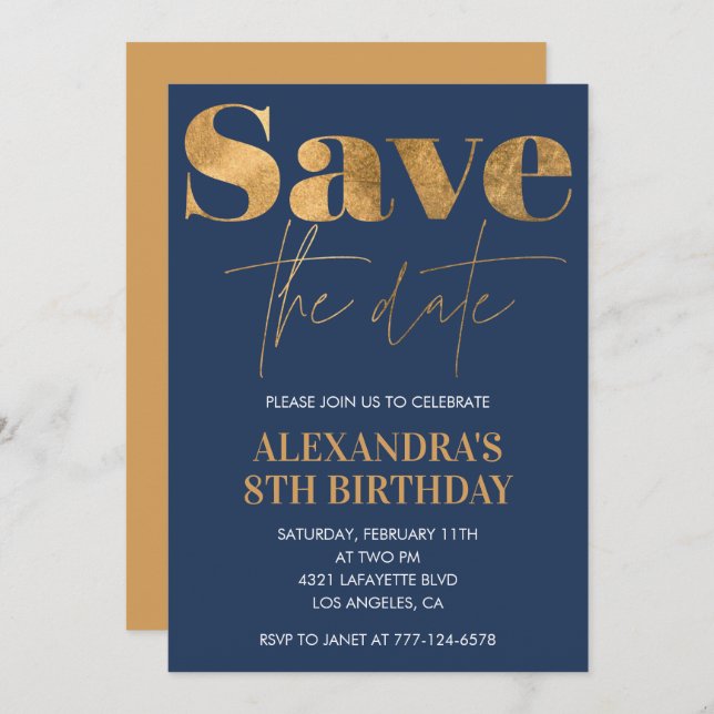 8th birthday invitations Save the date Gold Navy (Front/Back)
