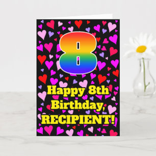 8th Birthday: Loving Hearts Pattern, Rainbow # 8 Card