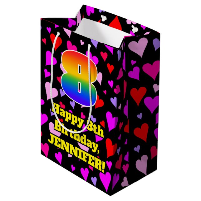 8th Birthday: Loving Hearts Pattern, Rainbow # 8 Medium Gift Bag (Back Angled)