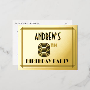 8th Birthday Party ~ Art Deco Style “8” + Name Foil Invitation Postcard