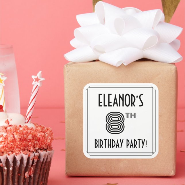 8th Birthday Party: Art Deco Style + Custom Name Square Sticker (Party)