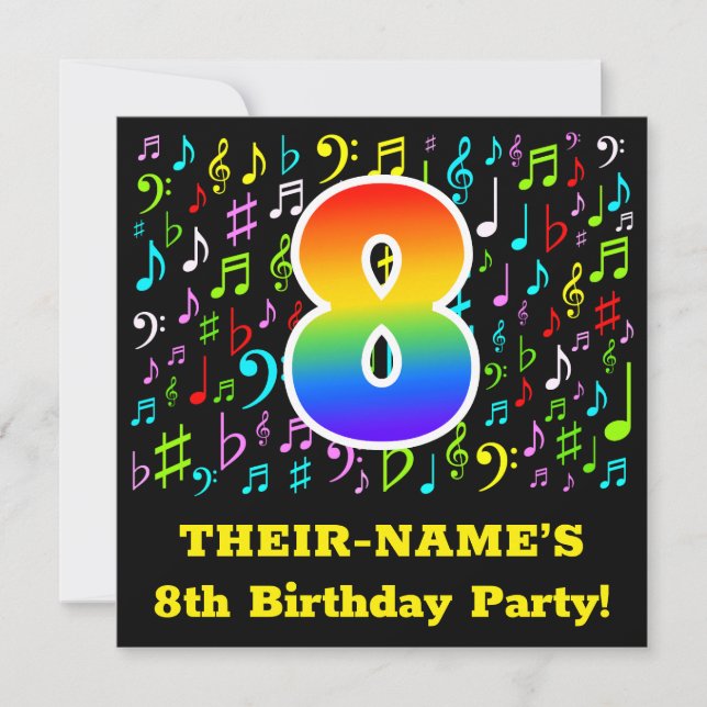8th Birthday Party: Fun Music Symbols, Rainbow 8 Invitation (Front)