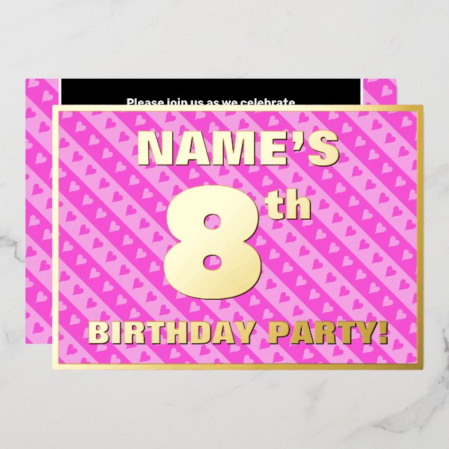 8th Birthday Party — Fun Pink Hearts and Stripes (Front/Back)