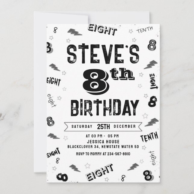 8th Birthday Party Number Invitation Template (Front)