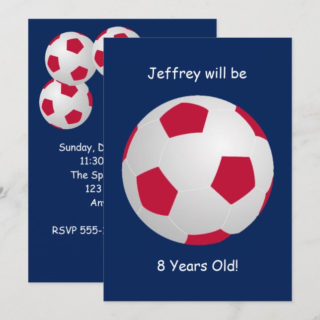 8th Birthday Party Red White Blue Soccer Ball Invitation (Front/Back)