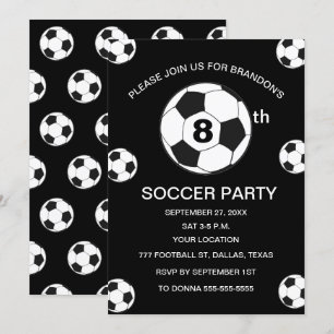 8th Birthday Party Soccer Black Boys Sports Invitation