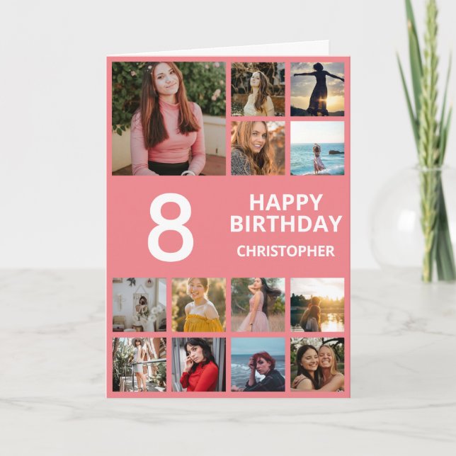 8th Birthday Photo Collage 13 Photos Pink & White Card (Front)