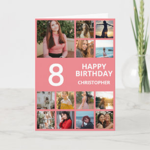 8th Birthday Photo Collage 13 Photos Pink & White Card
