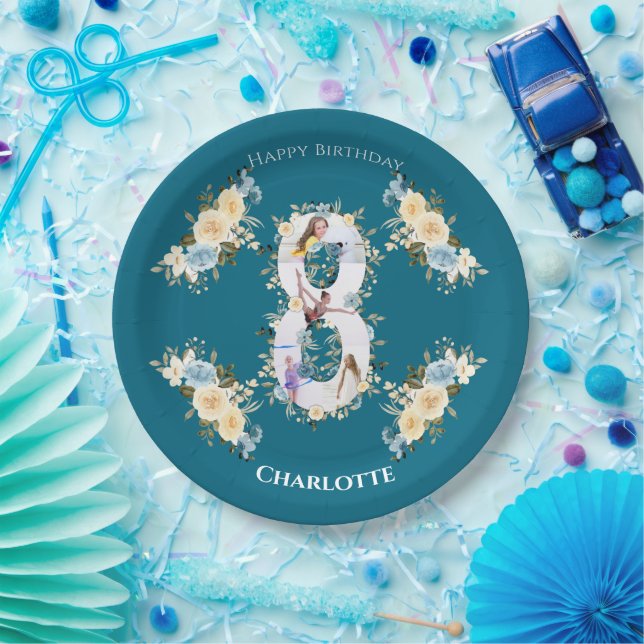 8th Birthday Photo Collage Blue Yellow Flower Teal Paper Plate (Party)