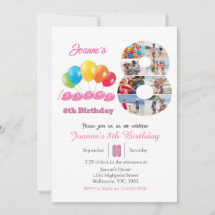 8th birthday photo collage number 8 Girl  Invitation