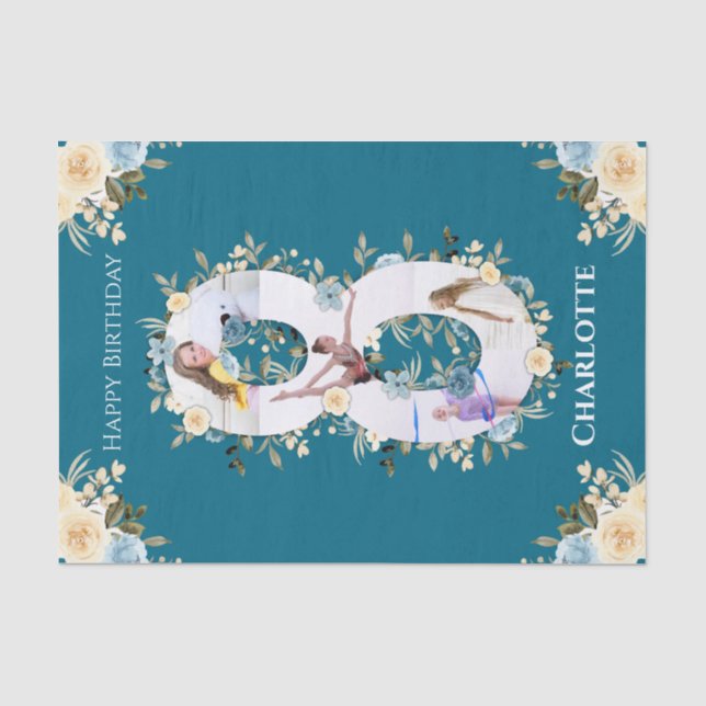 8th Birthday Photo Collage Teal Blue Yellow Flower Tissue Paper (Front)