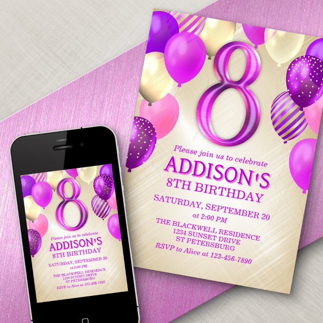 8th Birthday Pink Balloons Invitation (Creator Uploaded)