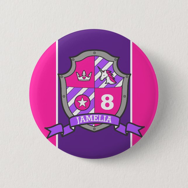 8th Birthday pink purple knights princess age pin (Front)