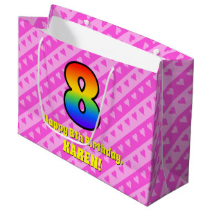 8th Birthday: Pink Stripes & Hearts, Rainbow # 8 Large Gift Bag