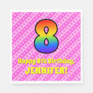 8th Birthday: Pink Stripes & Hearts, Rainbow # 8 Napkin