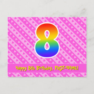 8th Birthday: Pink Stripes & Hearts, Rainbow 8 Postcard