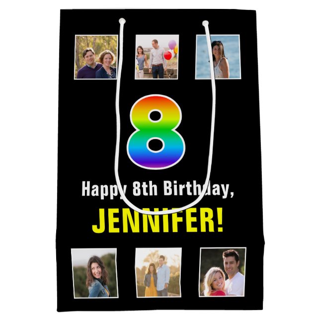 8th Birthday: Rainbow “8“, Custom Photos & Name Medium Gift Bag (Back)