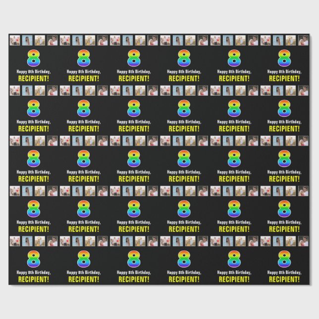 8th Birthday: Rainbow “8“; Custom Photos & Name Wrapping Paper (Flat)